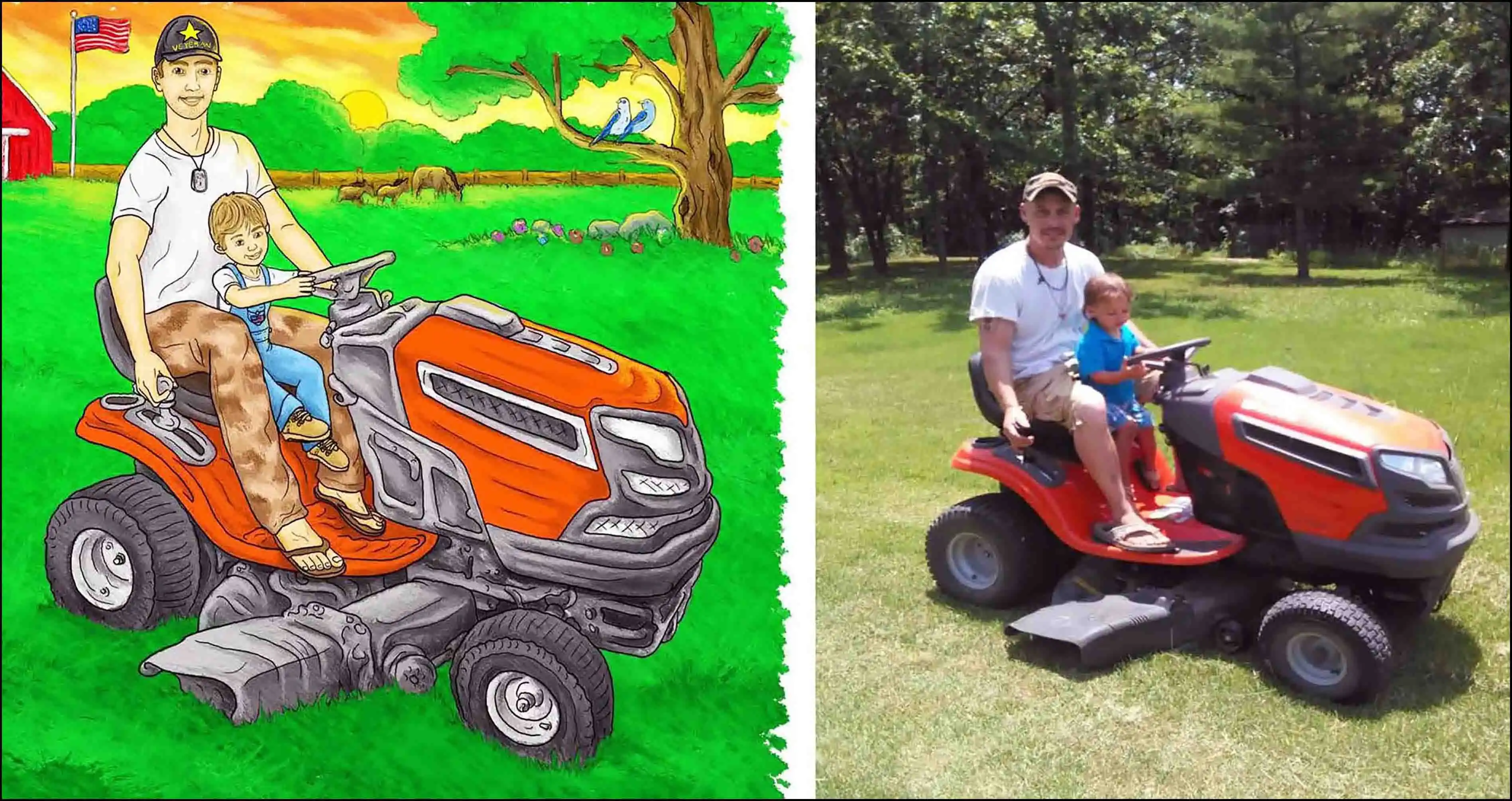 The mower in the book My New Boots for my Daddy's farm; author David Haave and son little Danny -- David Haave